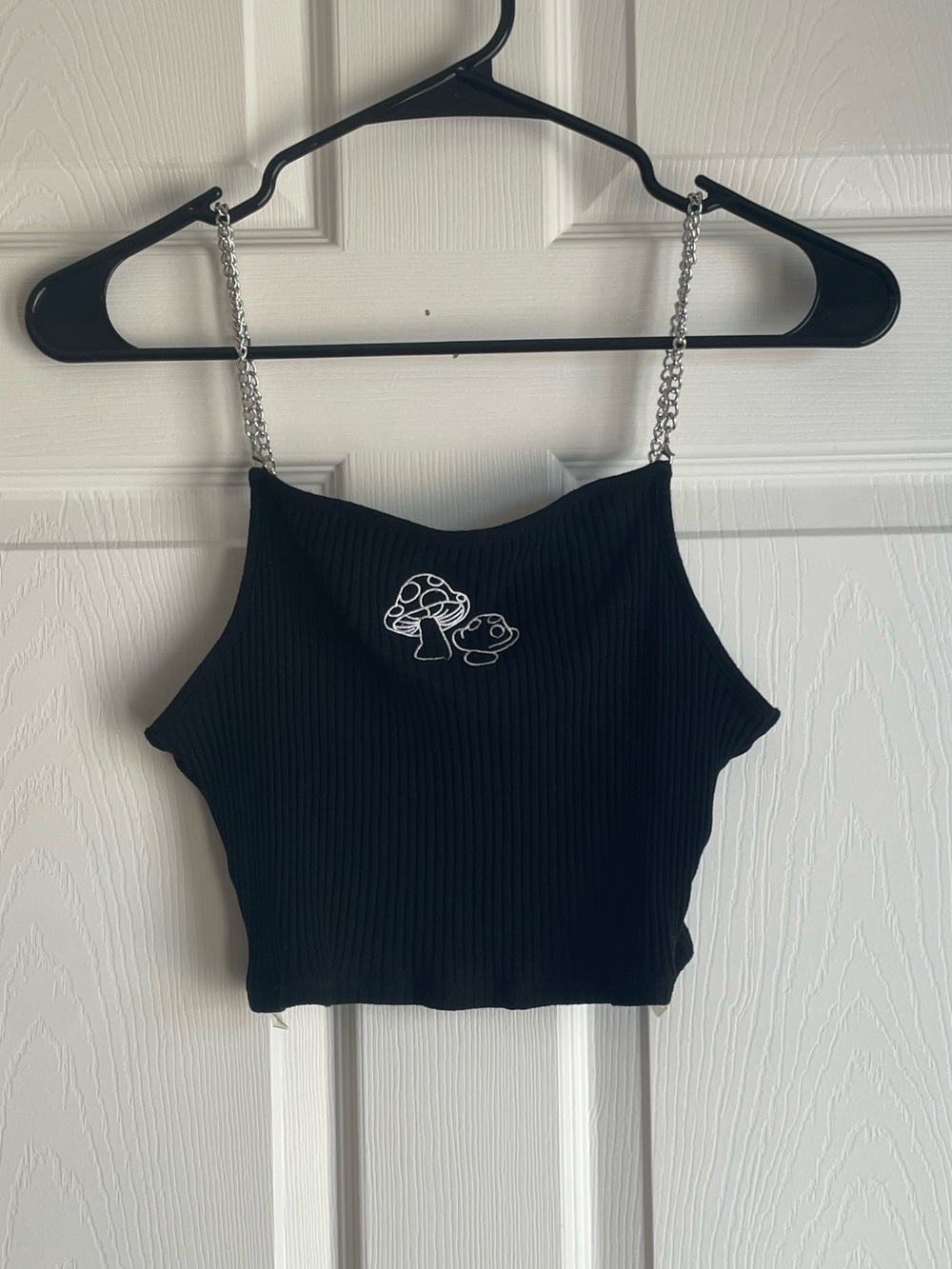 Black Ribbed Crop Tank with Chain Straps and Mushroom Embroidery Size Medium